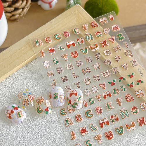 Christmas 5D Embossed Nail Art Stickers English Letter Decals DIY Manicure
