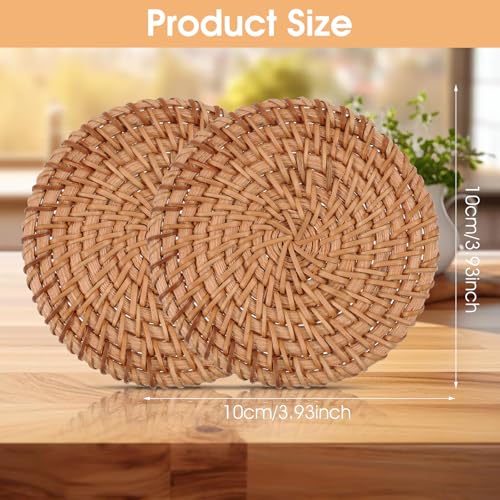 Oruola Natural Rattan Woven Coasters - Set of 2, 3.93 Inch Boho Drink Coasters for Hot Beverages