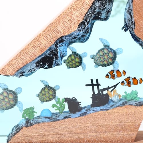 Handmade Sea Turtle Resin Ocean Lamp with Wood Base - S Variation
