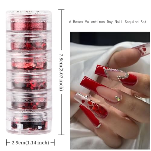 Red Holographic Heart Nail Art Glitter Sequins 6-Box Kit