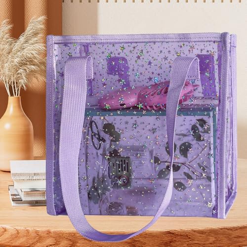 Purple Transparent Tote Bag with Stars Pattern Print