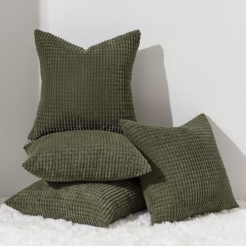 Topfinel Set of 4 Soft Corduroy Decorative Pillow Covers - Olive Green Boho Stripe
