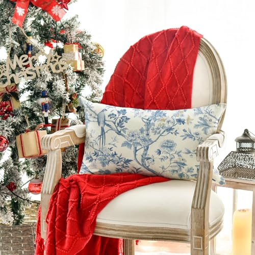 AVOIN Chinoiserie Birds & Trees Throw Pillow Cover, 12x20 Inch Lumbar Case