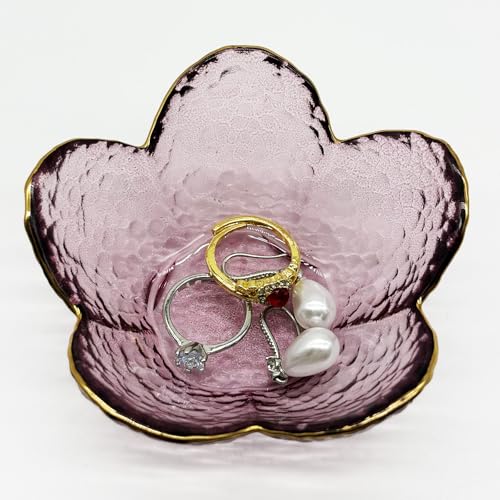 Purple Flower Jewelry Ring Dish Holder, Small Glass Trinket Tray for Women