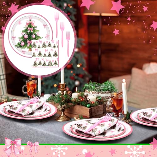 Christmas Pink Bow Paper Plate & Napkin Set - 96 Pcs, Coquette Style