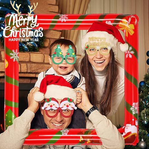 Christmas Photo Booth Props Set with Glitter Glasses & Inflatable Frame