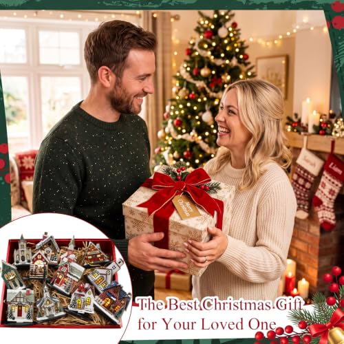 Christmas Village Wooden Houses Set - Beige & Brown, 12 Pieces for Holiday Decor
