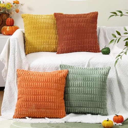 Breling Set of 4 Boho Striped Corduroy Throw Pillow Covers 18x18