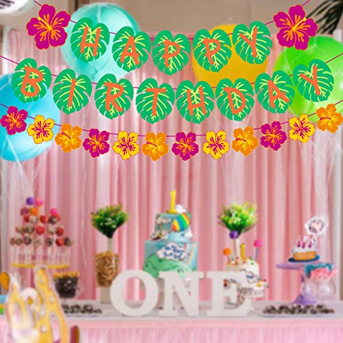 Tropical Luau Happy Birthday Banner with Palm Leaves & Flowers