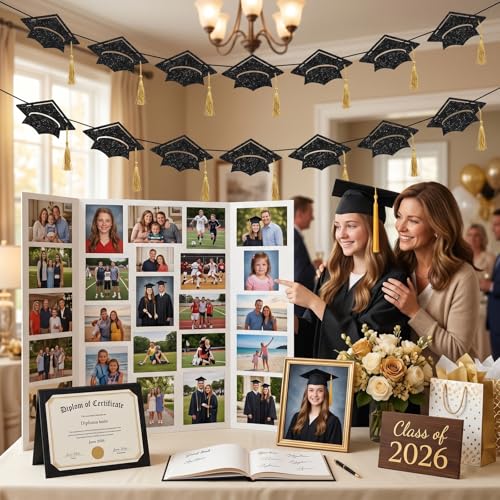 Graduation Cap Banner 2026 with Gold Tassels – Black Glitter Decor