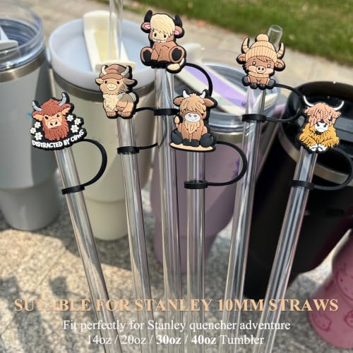 Highland Cow Silicone Straw Toppers for 30/40 oz Tumblers - Set of 6
