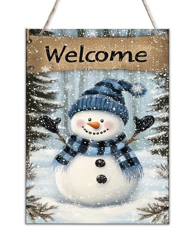 Welcome Snowman Wooden Wall Art Sign - 8x12 Inch Rustic Decor