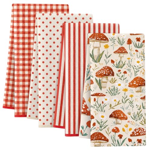 Mushroom Pattern Kitchen Towels Set - 4 Pcs Red Beige Waffle Dish Towels - VitalCozy