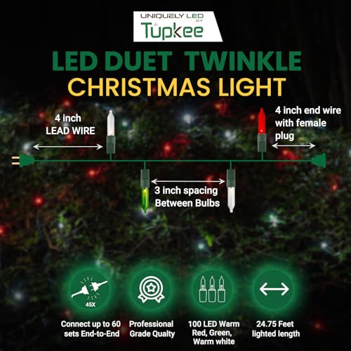 Uniquely LED Christmas Twinkle Lights - Red, Green & White String Lights - Twinkle & Steady