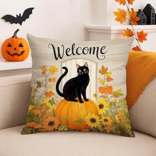 Set of 2 Fall Black Cat Pumpkin Pillow Covers - 18x18 Inch Double-Sided