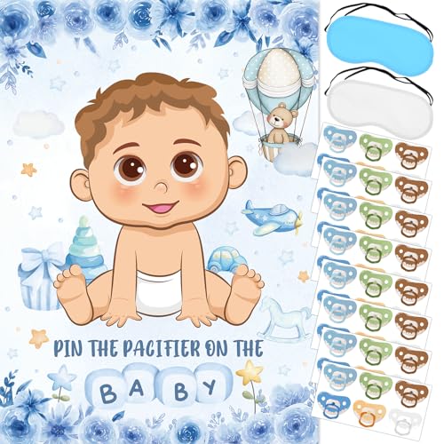 Pin The Pacifier On The Baby Game Set - Blue Baby Shower Party Activity