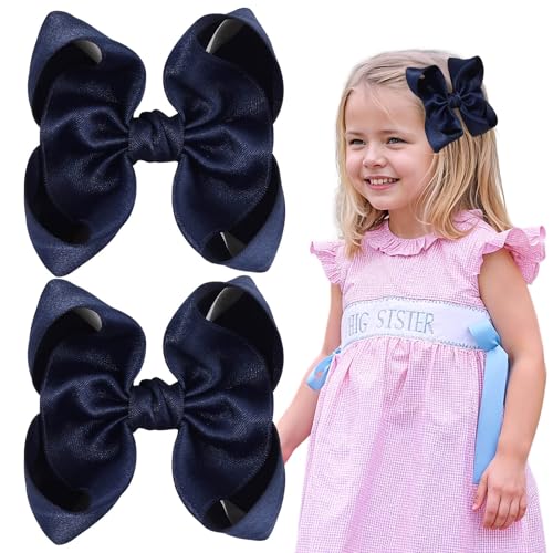 OAOLEER 3.5 Inch Navy Satin Ribbon Hair Bows with Alligator Clips 2PCS