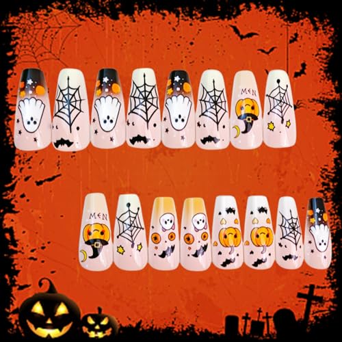 Halloween Pink Press on Nails Medium Ballet Pumpkin Ghost False Nails