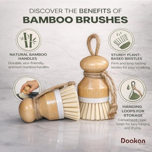 Set of 2 Eco-Friendly Bamboo Dish Scrubbing Brushes with Ergonomic Handles