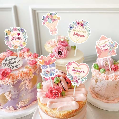 12 PCS Happy Mother's Day Cake Toppers - Floral Decorations