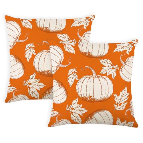 Fall Pumpkin Throw Pillow Covers 20x20 Inch Set of 2 Linen Farmhouse Decor
