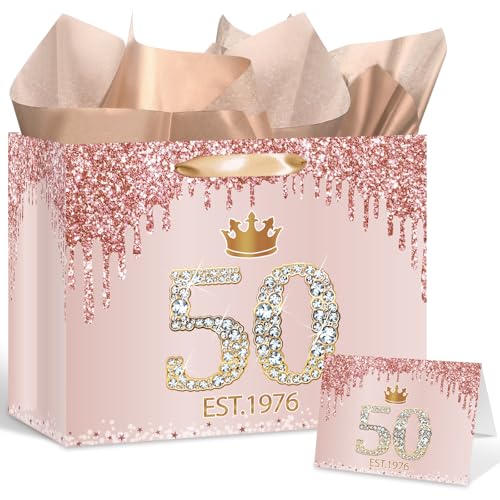 50th Birthday Gift Bag for Women Est 1976 Rose Gold with Tissue Paper