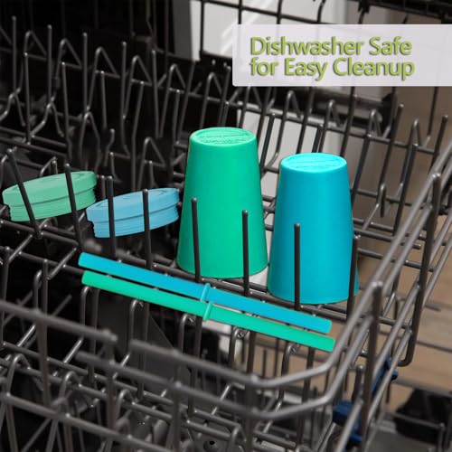 Homestockplus 10oz Wheat Straw Reusable Cups with Lids & Straws - Blue & Green