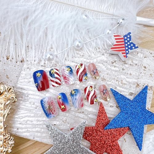 4th of July Press on Nails Short Square American Flag Star Fake Nails