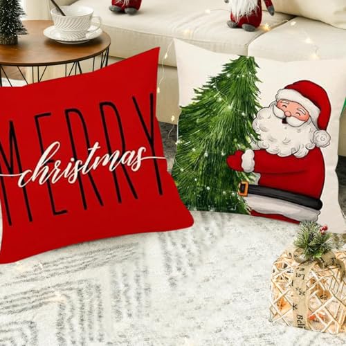 Christmas Pillow Covers Set of 4 - 18x18 Inch Santa & Tree Designs