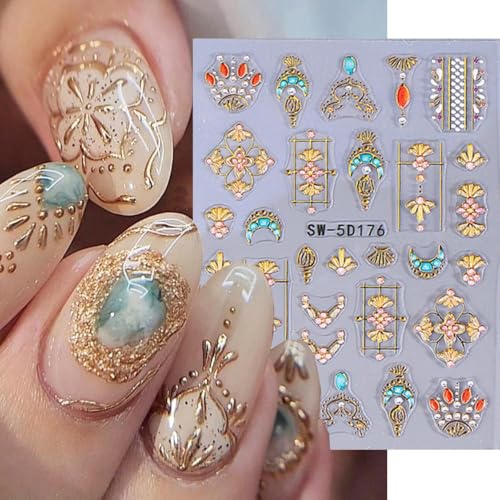 Bohemian Gold Star & Moon 5D Embossed Nail Stickers - 2 Sheets