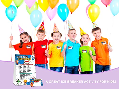 Superhero Name Game Party Activity Set with Sign and Stickers