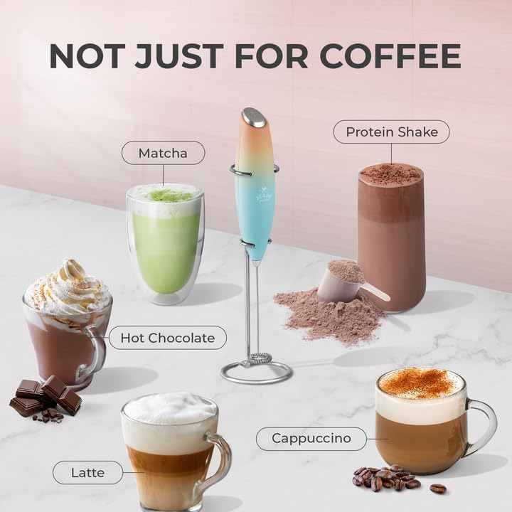 Zulay Kitchen Milk Frother Wand - Ultra-Fast Handheld Drink Mixer with 4 AA Duracell Batteries | Perfect for Coffee, Lattes, Cappuccino, Matcha & Creamer - Sunrise