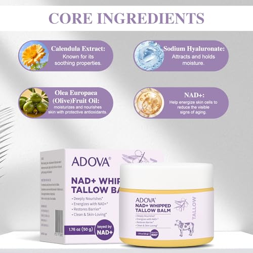 ADOVA Whipped Tallow Balm with Calendula & NAD+ - 2 Pack Face & Body Moisturizer