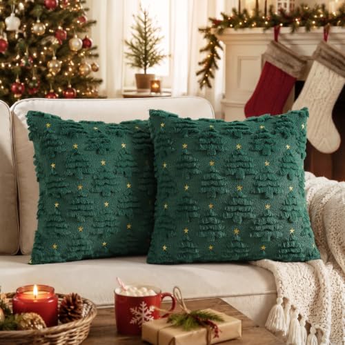 DecorUhome Christmas Tree Dark Green Throw Pillow Covers 16x16 Set of 2 - Holiday Decor