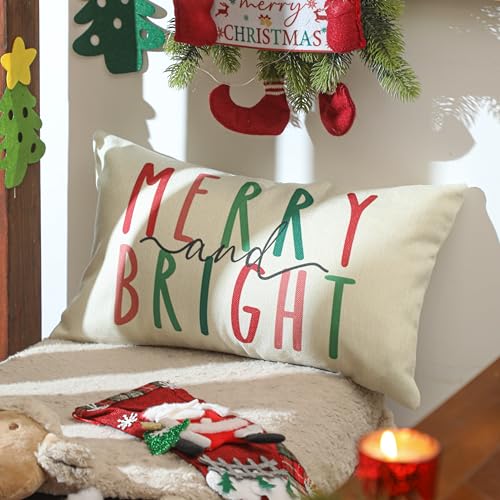 Merry Bright Christmas Pillow Cover 12x20 Holiday Decorative Throw Pillowcase