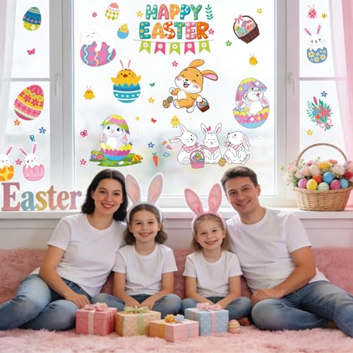 AFRITEE Easter Window Clings - 9 Sheets Cute Bunny & Floral Glass Stickers