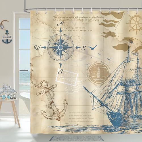 Nautical Shower Curtain - Vintage Sailboat & Anchor Design, 72x72