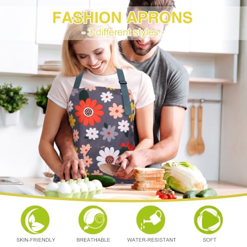 BOUMUSOE 3-Pack Floral Aprons for Women with Pocket - Red, Pink, Yellow