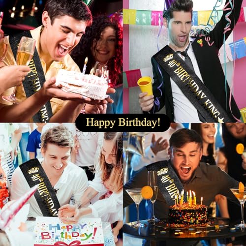40th Birthday Sash for Men - Black Glitter King Sash with Gold Foil
