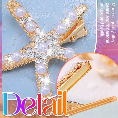 CAKURE Gold Starfish & Seashell Hair Clips - Mermaid Hair Accessories (2 Pack)