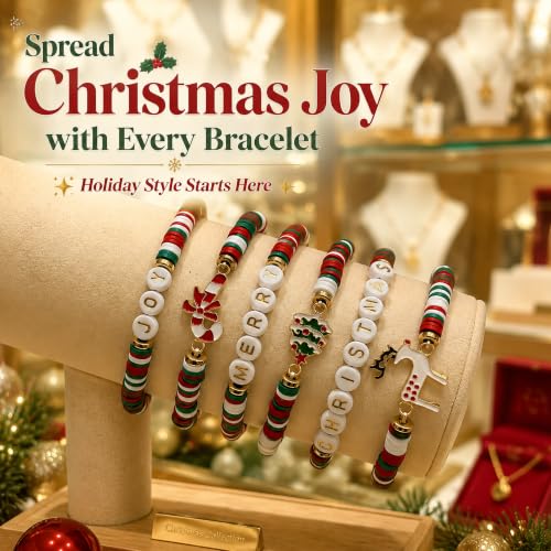 OHOME Red Green White Christmas Bracelets 6 Pack - Teens & Women Stocking Stuffers