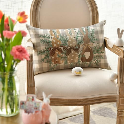 Easter Bunny Buffalo Plaid Throw Pillow Cover - 12x20 Inch Grey