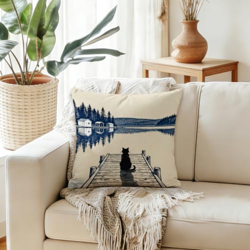 Black Cat Lake House Throw Pillow Cover, 18x18 Coastal Flannelette
