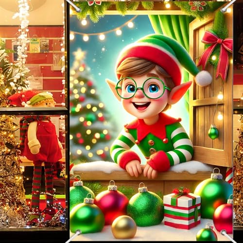 BlissYard Christmas Elf Window Cover 31x47 Inch Polyester Decor