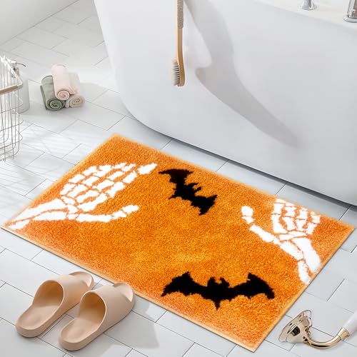 APROPHIC Halloween Bath Mat 17x24 in, Skull Bat Non-Slip, Super Absorbent