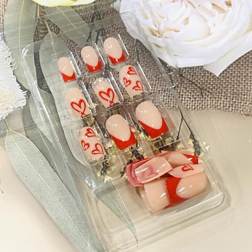 Press On Nails Medium Square Glossy Acrylic False Nails with Heart Designs