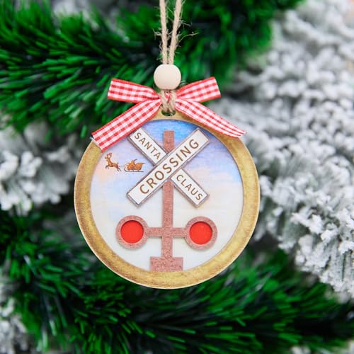 Santa Claus Crossing Sign Ornament - 4 Inch Wooden Holiday Decoration