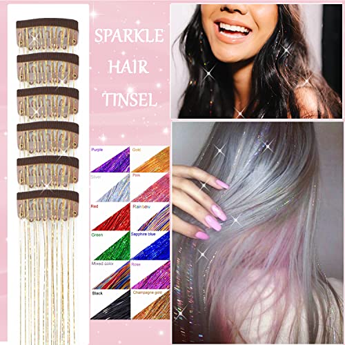 Clip-In Hair Tinsel 23.6-Inch Heat Resistant Gold Glitter Extensions