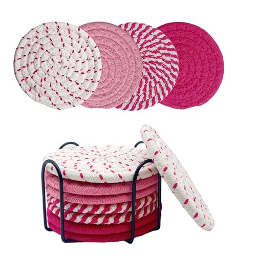 8 Pack Handmade Pink Coasters - Absorbent Cotton Drink Coasters for Desk & Coffee Table