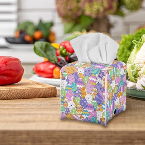 Colorful Eggs Bunny Tissue Box Cover - PU Leather Square Holder